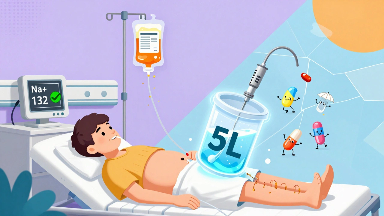Patient receiving fluid drainage in hospital, with albumin IV and diuretic pills in Memphis style.