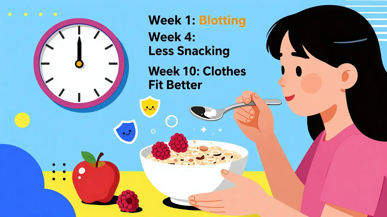 Person eating fiber-rich foods with floating fiber shapes and a timeline showing gradual weight loss progress.