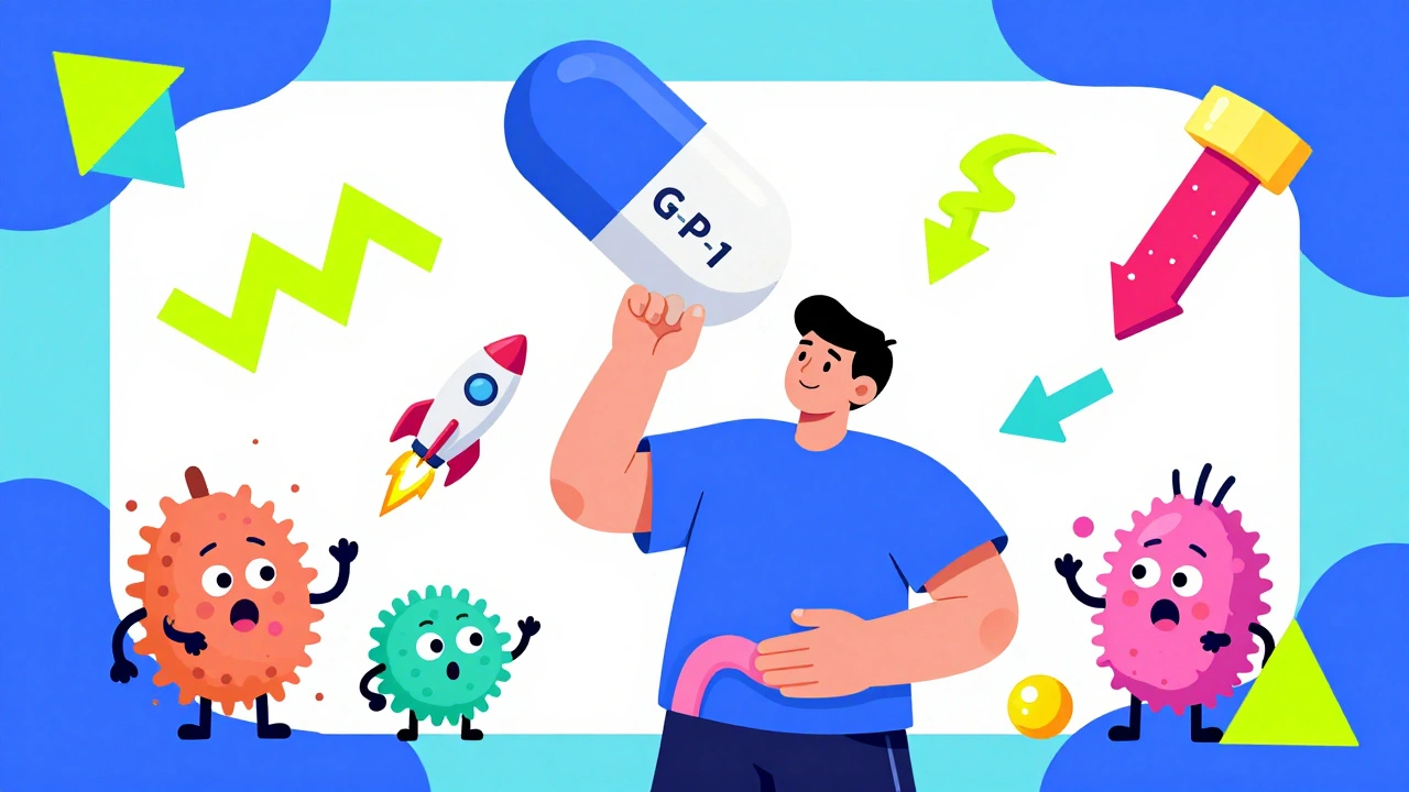 Person swallowing an oral GLP-1 pill that becomes a rocket, with cartoon gut bacteria reacting in colorful Memphis style.