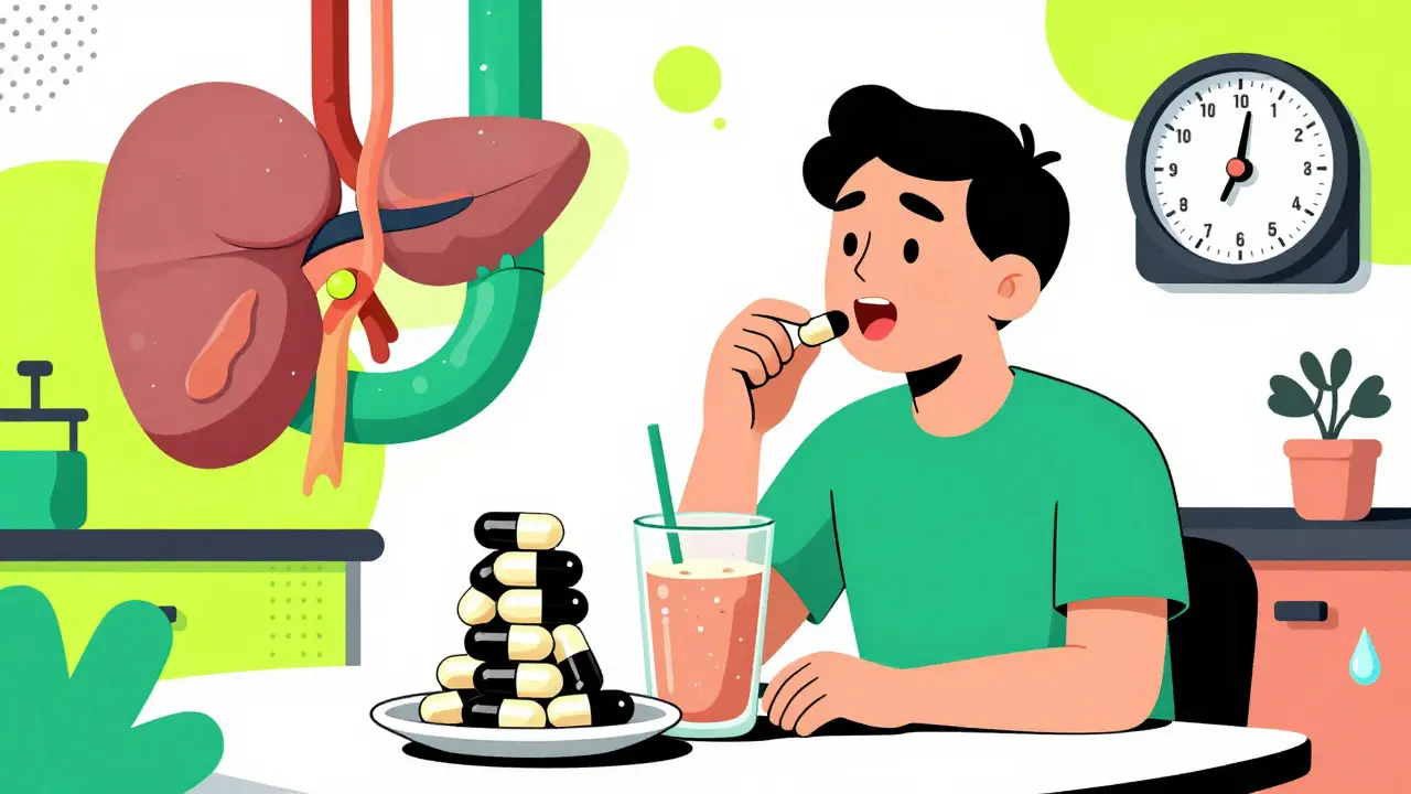 Person swallowing enzyme pills at a table with MCT smoothie, abstract pancreas ducts and pain meter in vibrant geometric style.