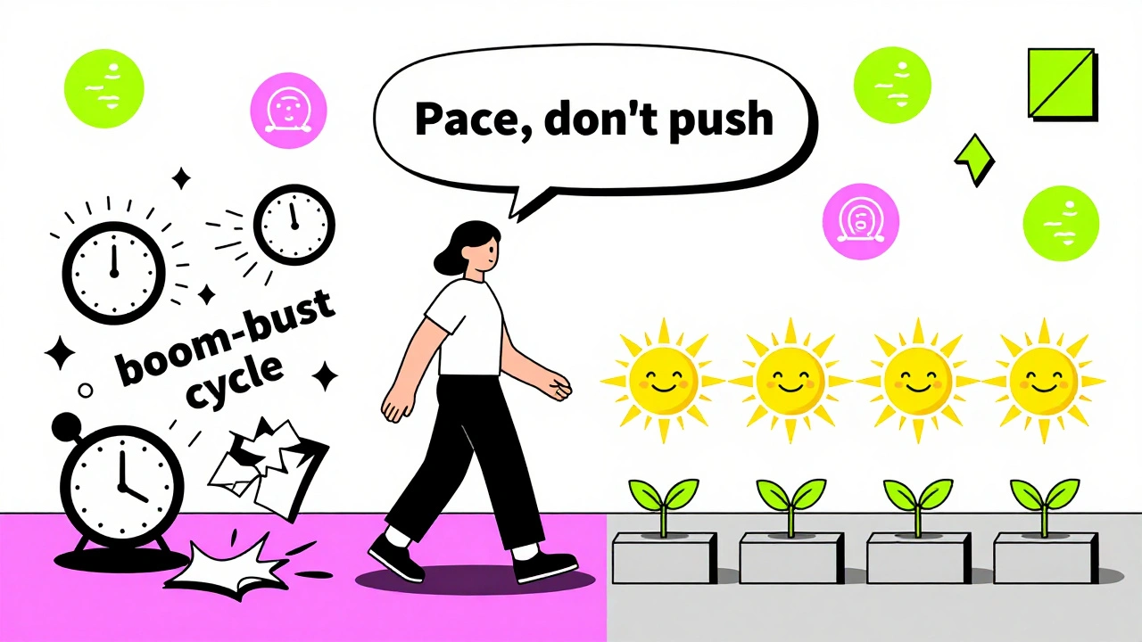 Person walking on a path showing chaotic boom-bust cycle vs. balanced, peaceful steps in Memphis style.