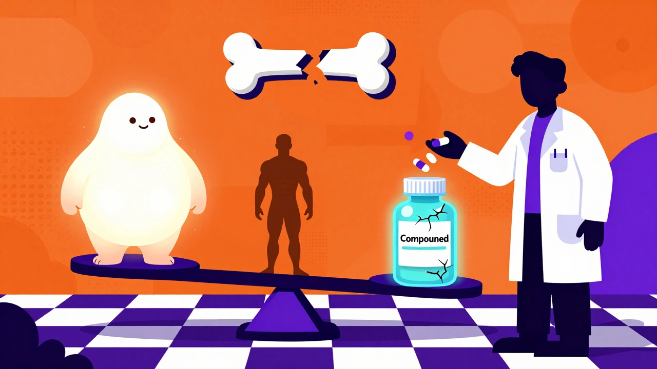Scale balancing fat and muscle with warning bone and unsafe pill bottle in abstract Memphis Design illustration.