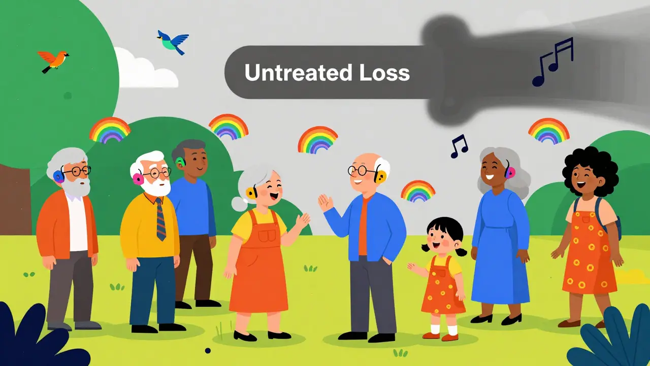 Seniors in a park with colorful hearing aids emitting sound ripples, reconnecting with loved ones.