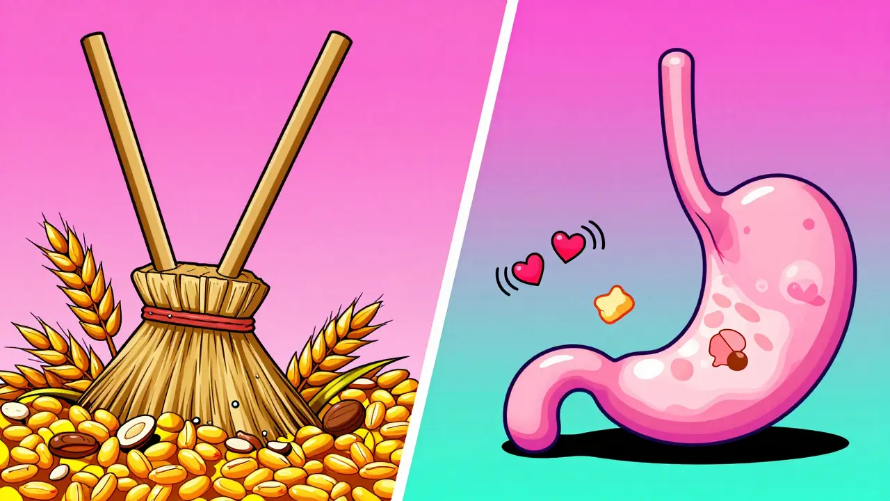 Split illustration showing insoluble fiber as a broom and soluble fiber as a gel, both in Memphis design style.