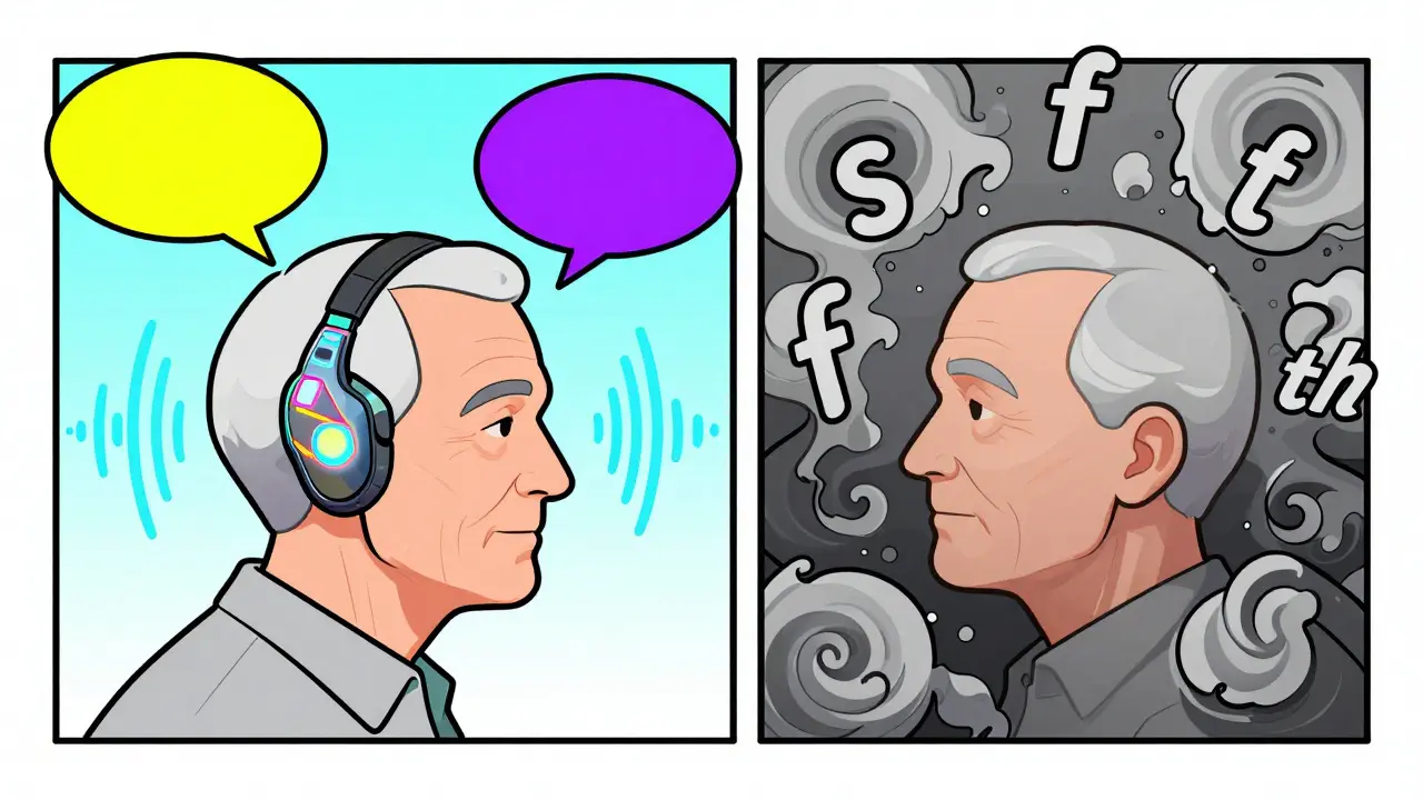 Split image: one side with clear sound waves and hearing aid, other side with muffled noise.