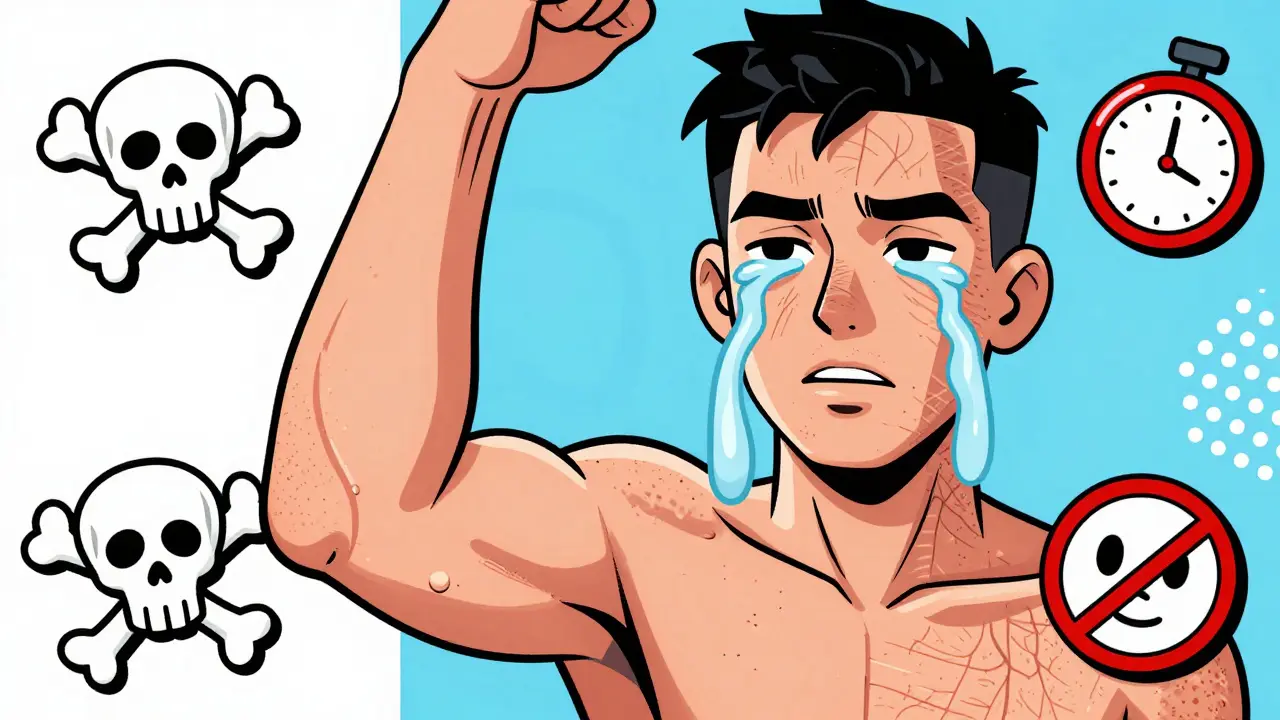 Split image showing healthy skin vs. thin, damaged skin from steroid overuse