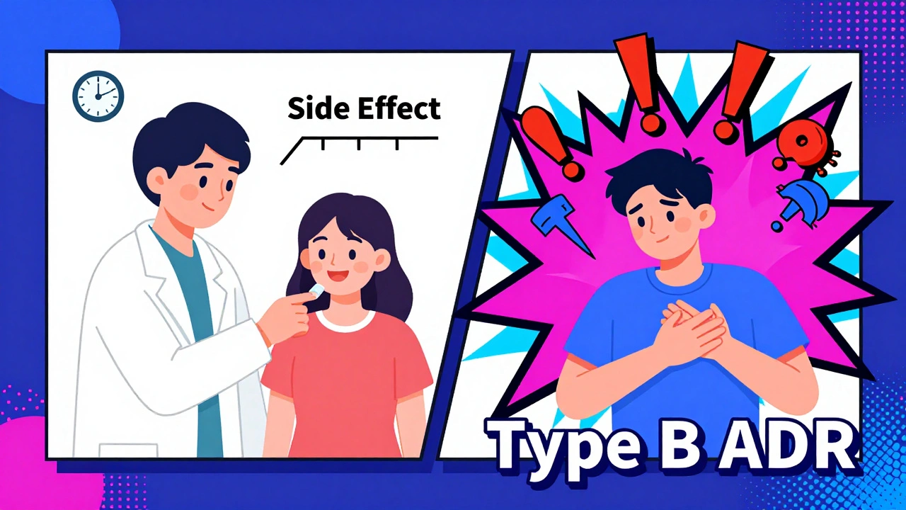 Split scene: calm dosage adjustment vs. dramatic adverse reaction explosion in bold geometric style