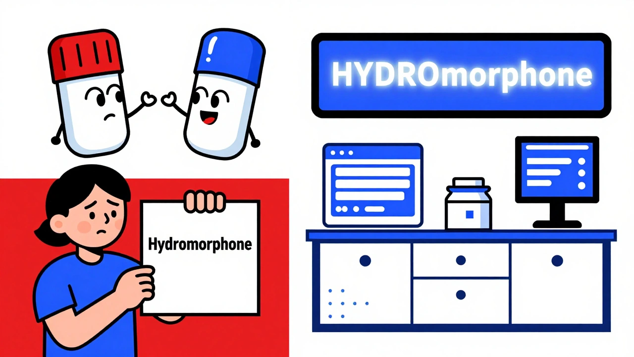 Split scene: conflicting drug labels on left, unified tall-man lettering on right, all in bold Memphis Design style.