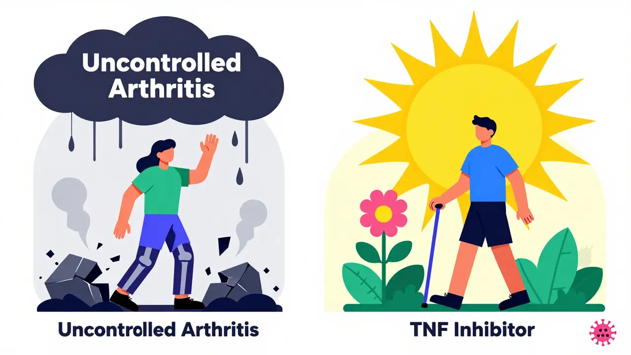 Split scene: dark storm of uncontrolled arthritis vs. bright sunburst of TNF inhibitor treatment.
