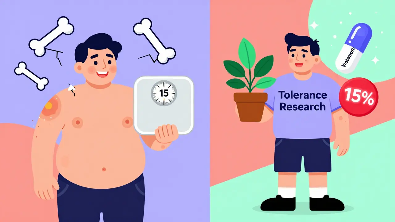 Split scene: patient with steroid side effects on one side, hopeful research symbol on the other, in Memphis design.