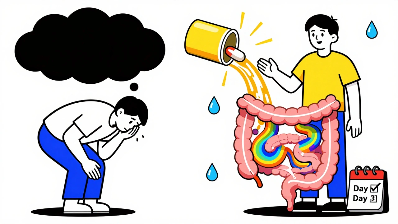 Split scene: person suffering vs. healed, with glowing gut and water droplets in vibrant Memphis illustration.