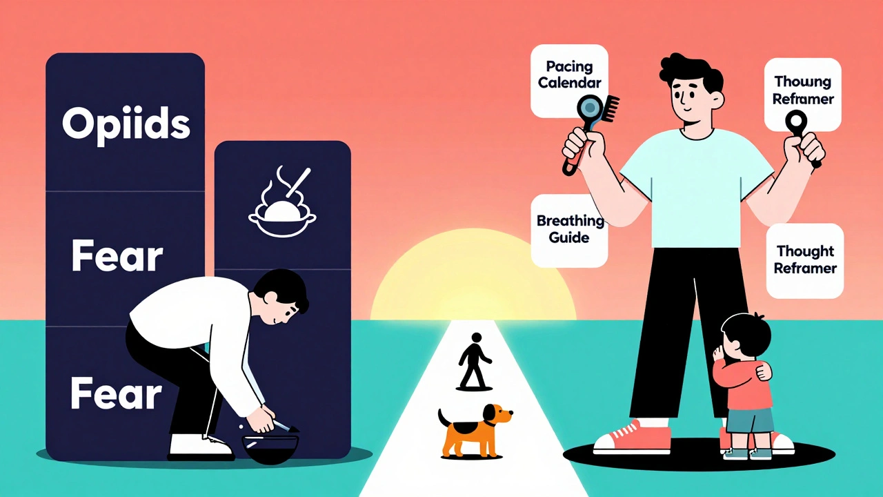 Split scene: person trapped by opioids and fear vs. empowered with CBT tools and joyful activities.