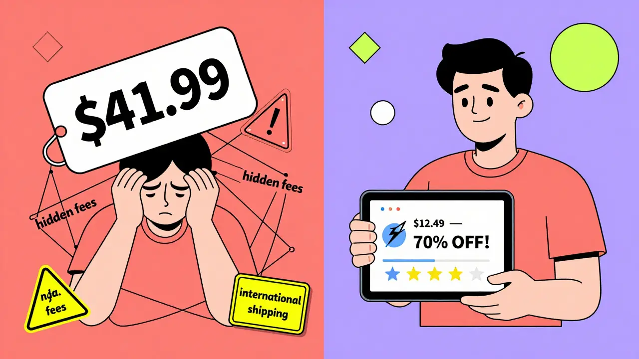 Split scene: stressed person with high price vs. happy person with low price alert and shipping icons.