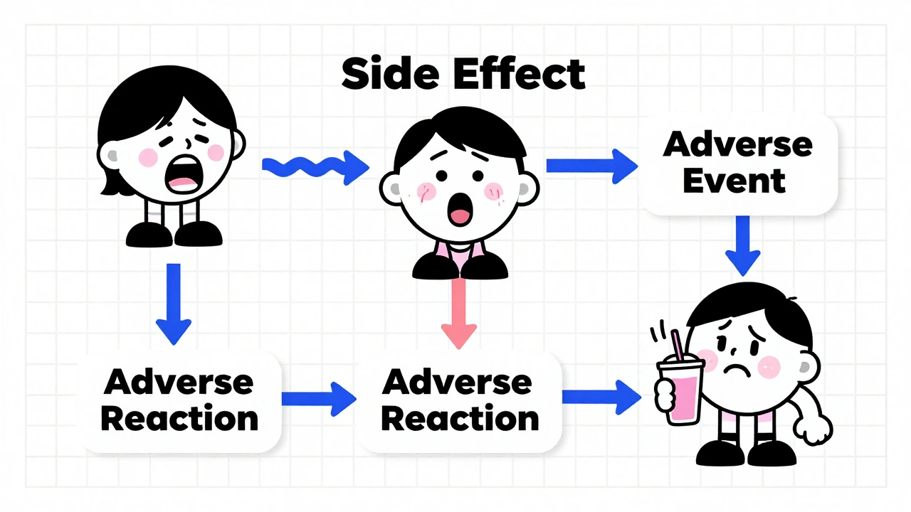Stylized flowchart with cartoon characters representing side effects, reactions, and events in Memphis Design