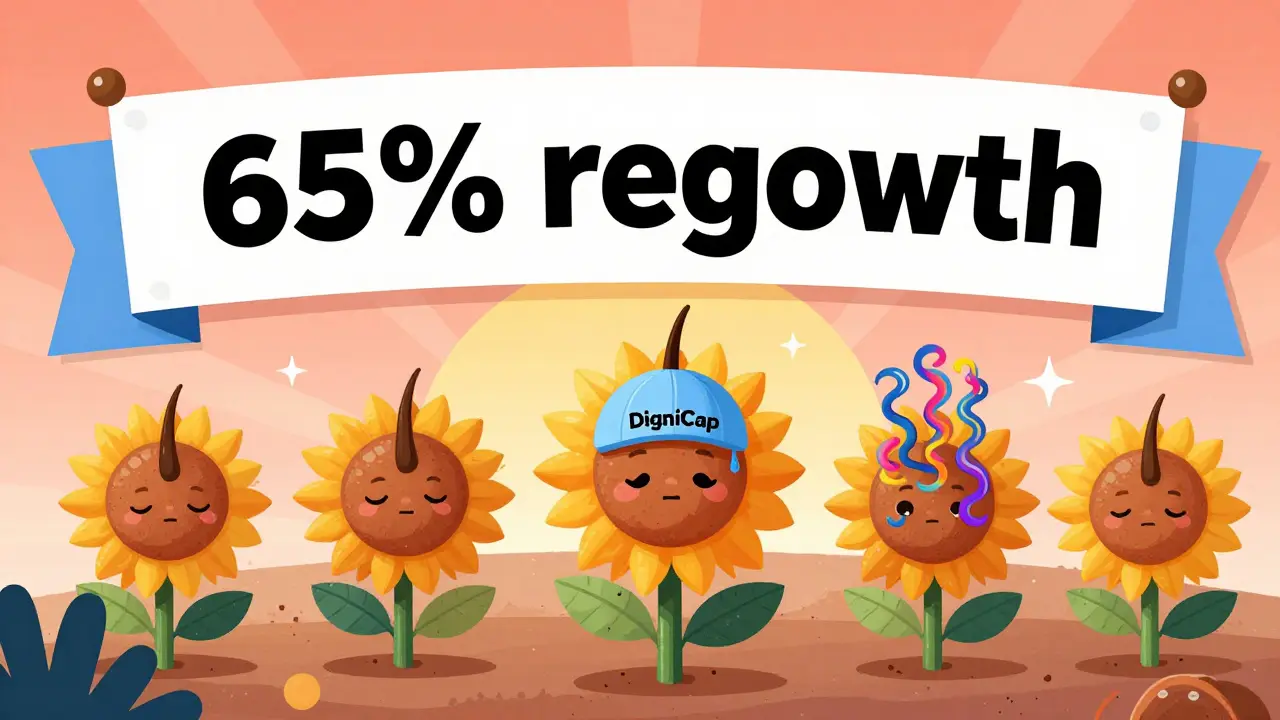 Stylized scalp with waking hair follicles under a chilled cap, sprouting colorful strands in Memphis design.