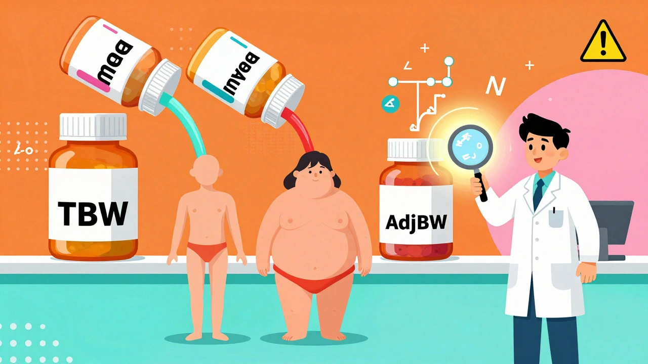 Three pill bottles labeled with weight types pouring liquid into different body shapes, with a pharmacist using a magnifying glass near a dosing formula.