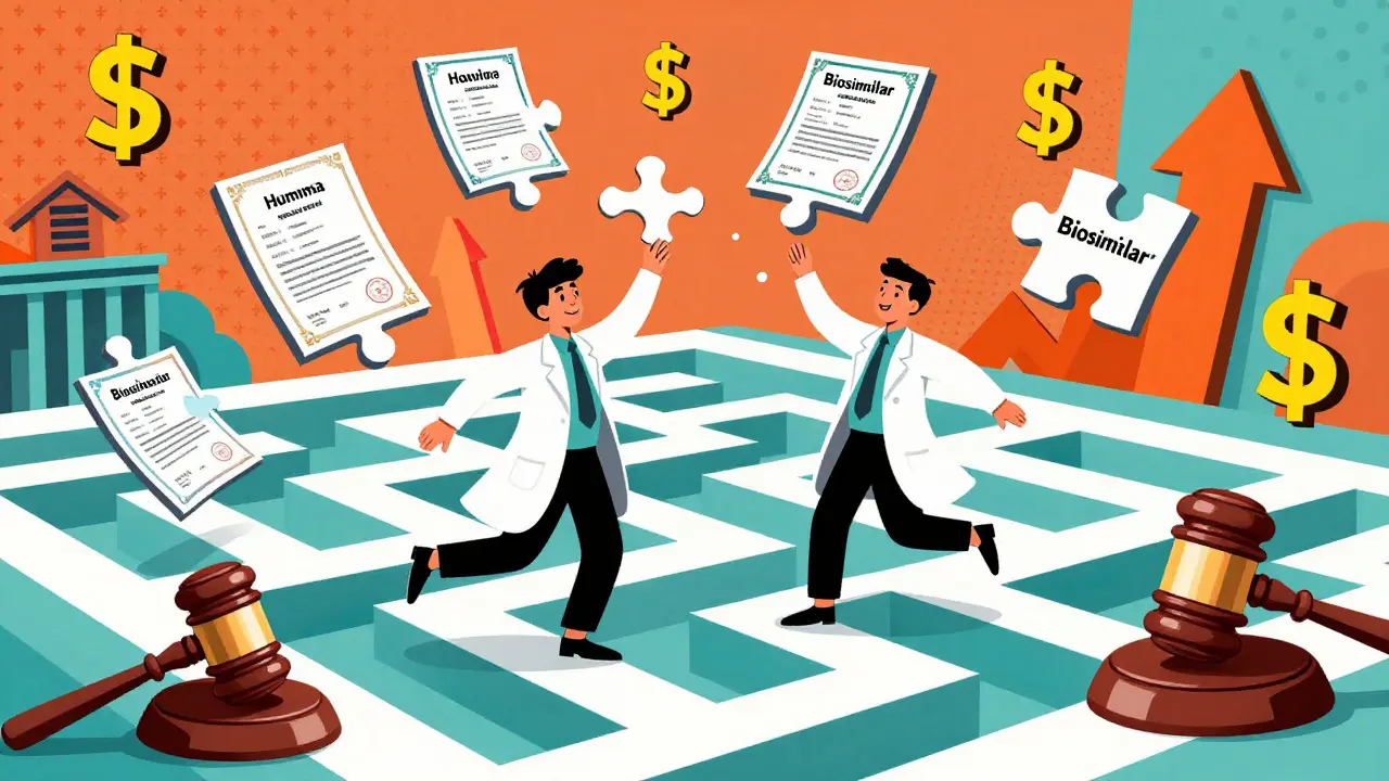 Two figures dancing around a maze of patent documents, legal gavels as partners, vibrant geometric background.