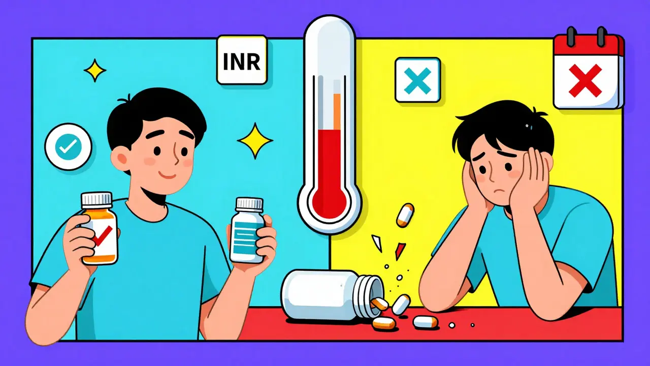Two sides of a patient: one stable with brand-name medication, the other overwhelmed by generic pills spilling into their body with warning signs.