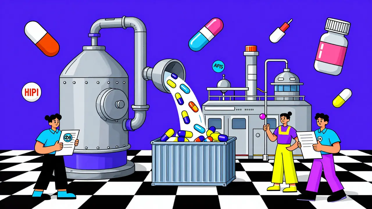 Whimsical Indian pharmacy factory producing pills into shipping containers with bold geometric patterns.