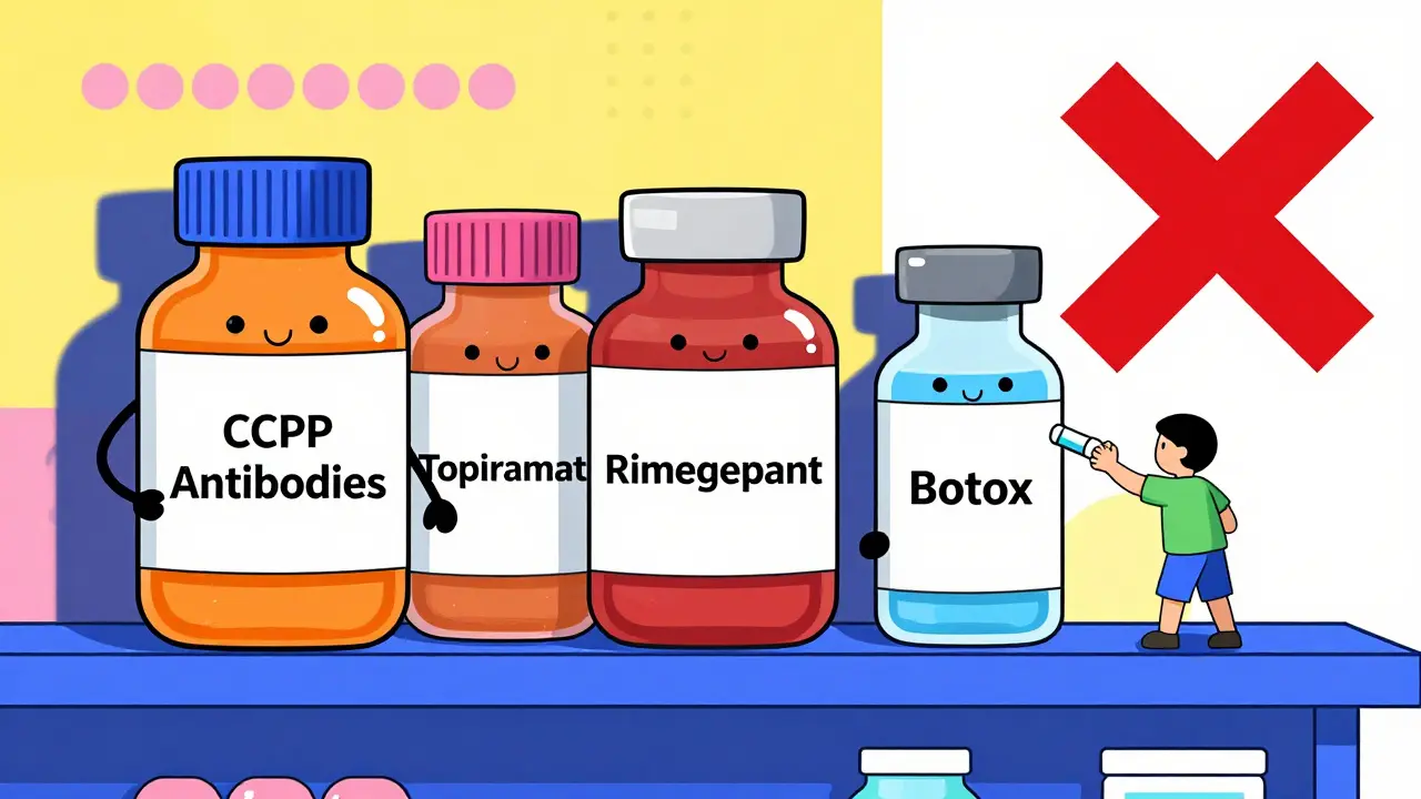 Whimsical pill bottles with faces on a vibrant pharmacy shelf, highlighting migraine treatments in Memphis style.