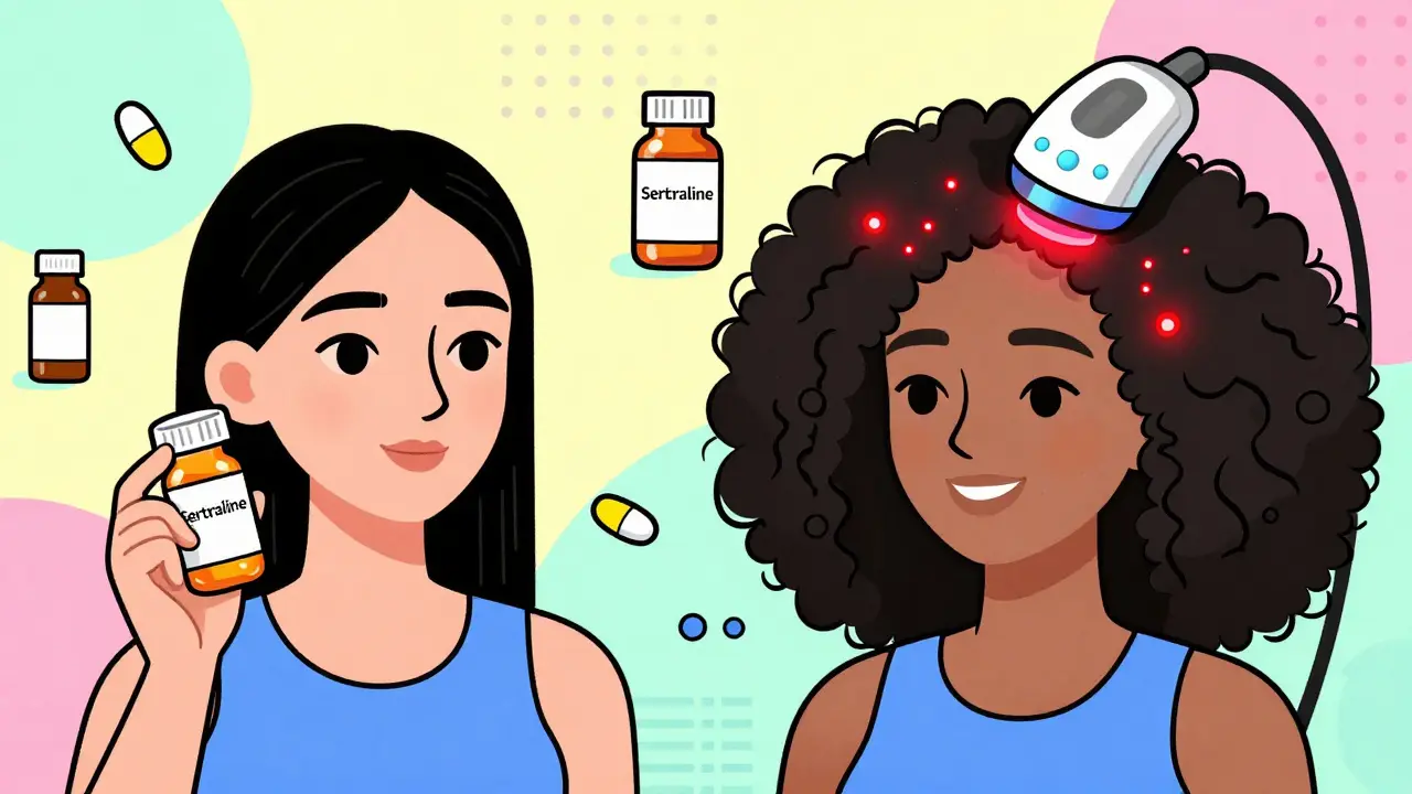 Woman with thinning hair next to a laser cap device, surrounded by floating vitamins and minoxidil bottles.