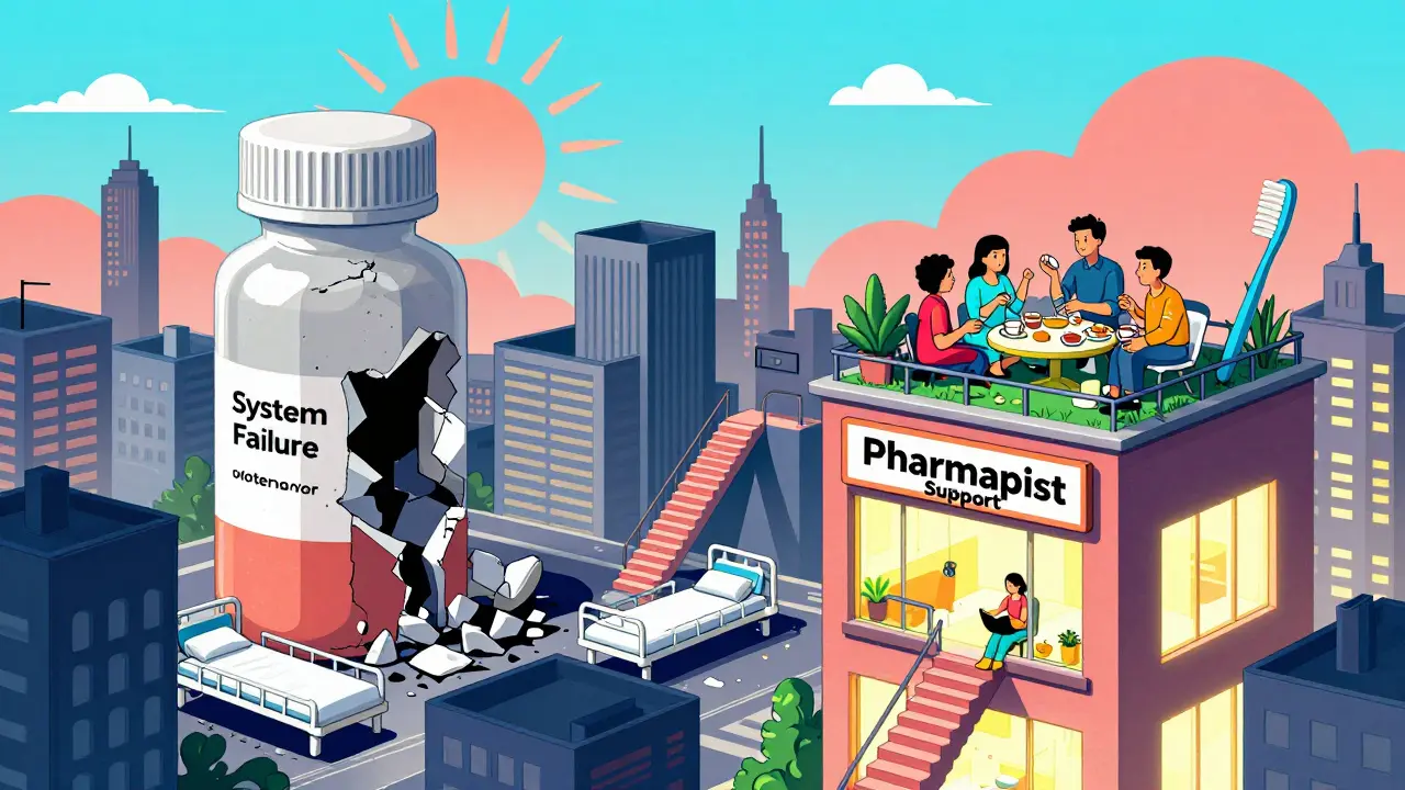 A city made of pill bottles and hospitals, with one building glowing as people take meds with daily routines.