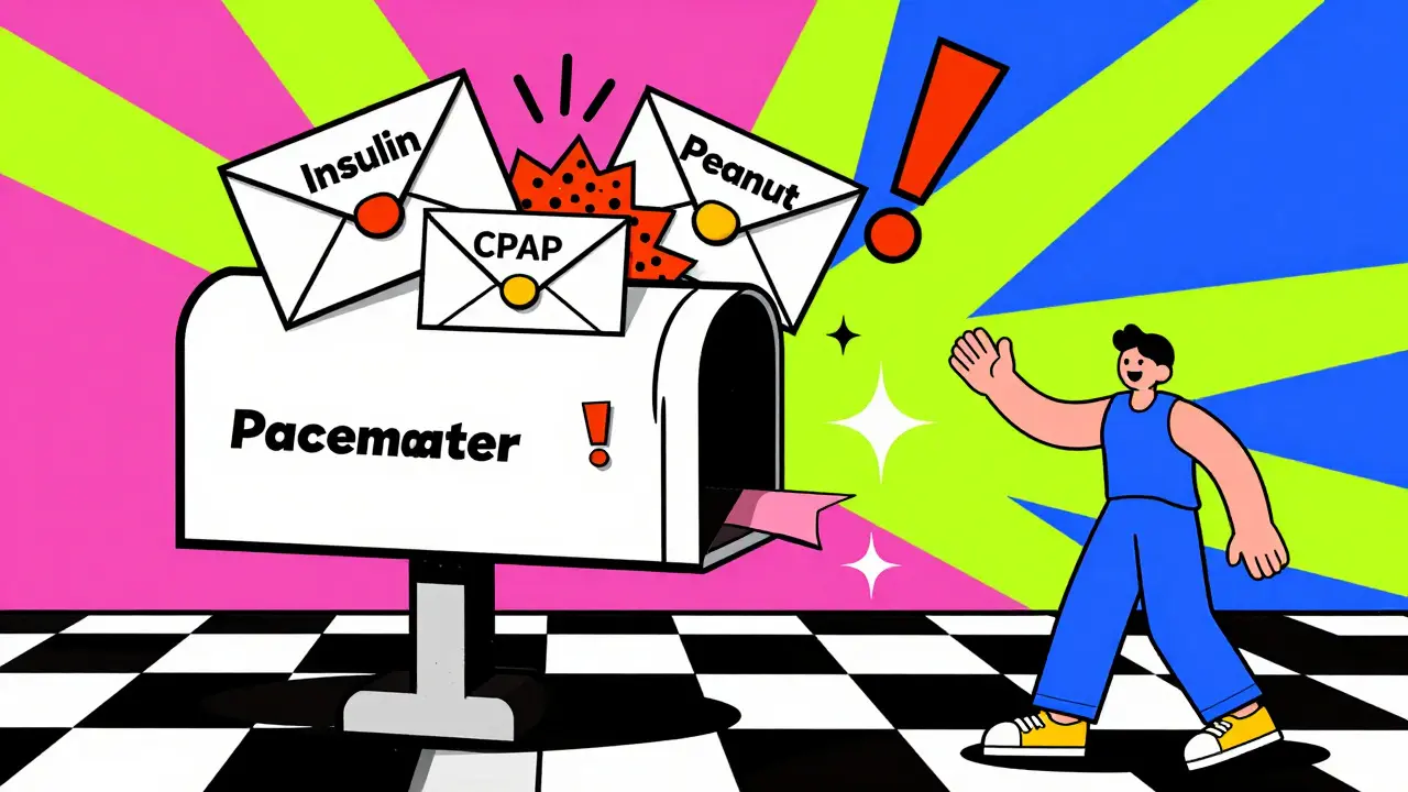 A colorful inbox bursting with alert envelopes labeled with keywords like 'Insulin' and 'Peanut', in vibrant Memphis Design patterns.