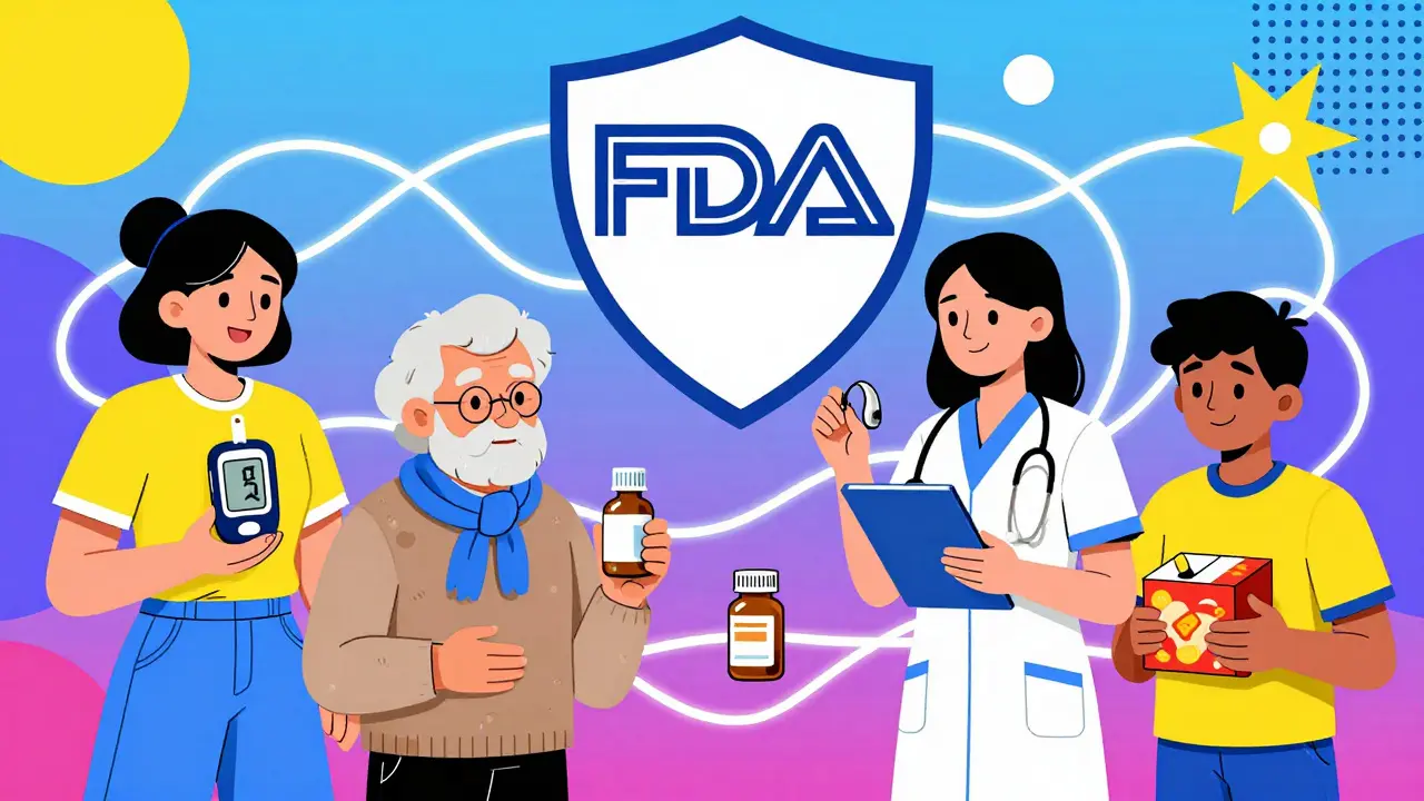 A diverse group of people connected by a safety net of geometric shapes, holding FDA-regulated products under a protective FDA shield.