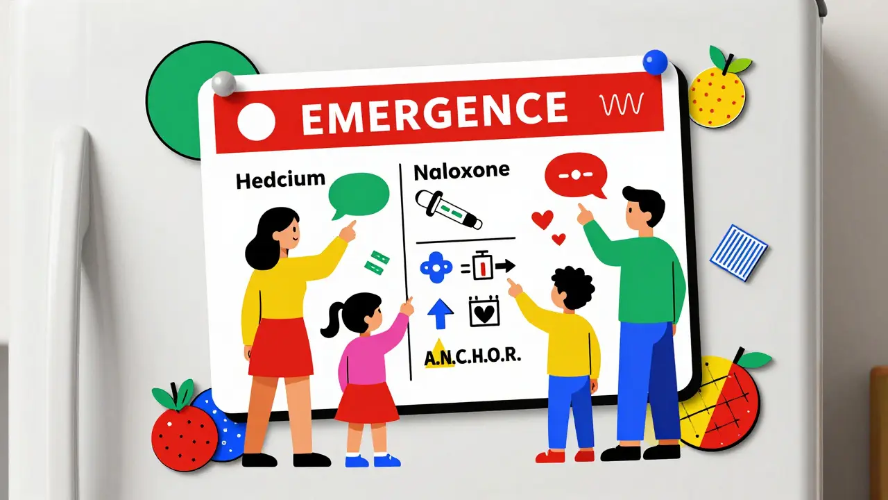 A family gathered around a geometric emergency card on a fridge, pointing to key information.