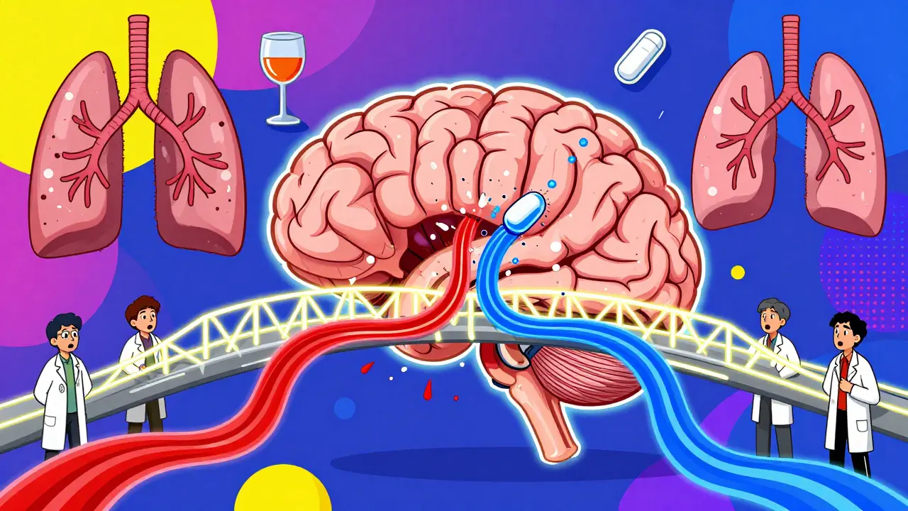 A glowing brainstem bridge snapping under alcohol and opioid streams, with collapsing lungs in bold geometric style.