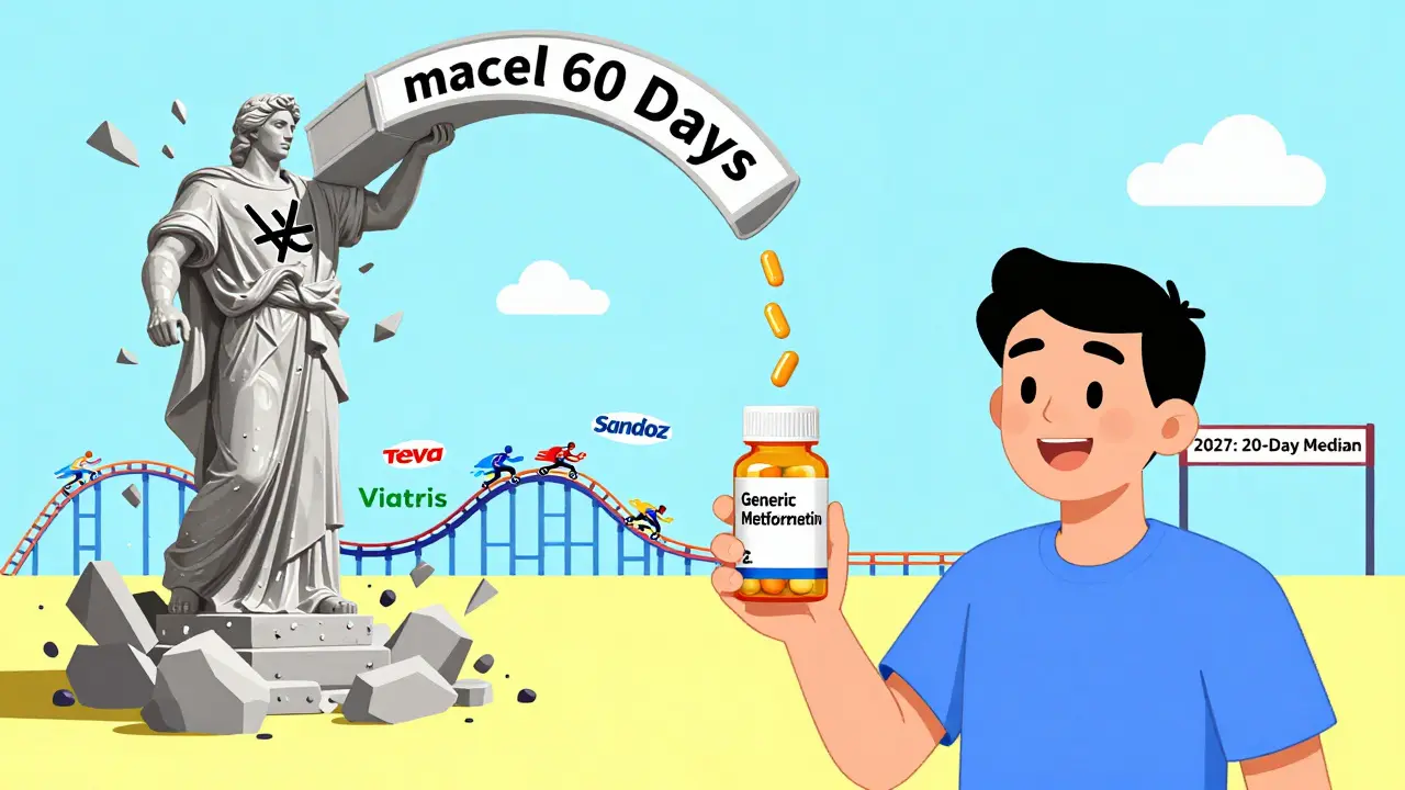 A patient receives a generic pill from a fast approval chute while brand-name drugs crumble, in vibrant Memphis style.