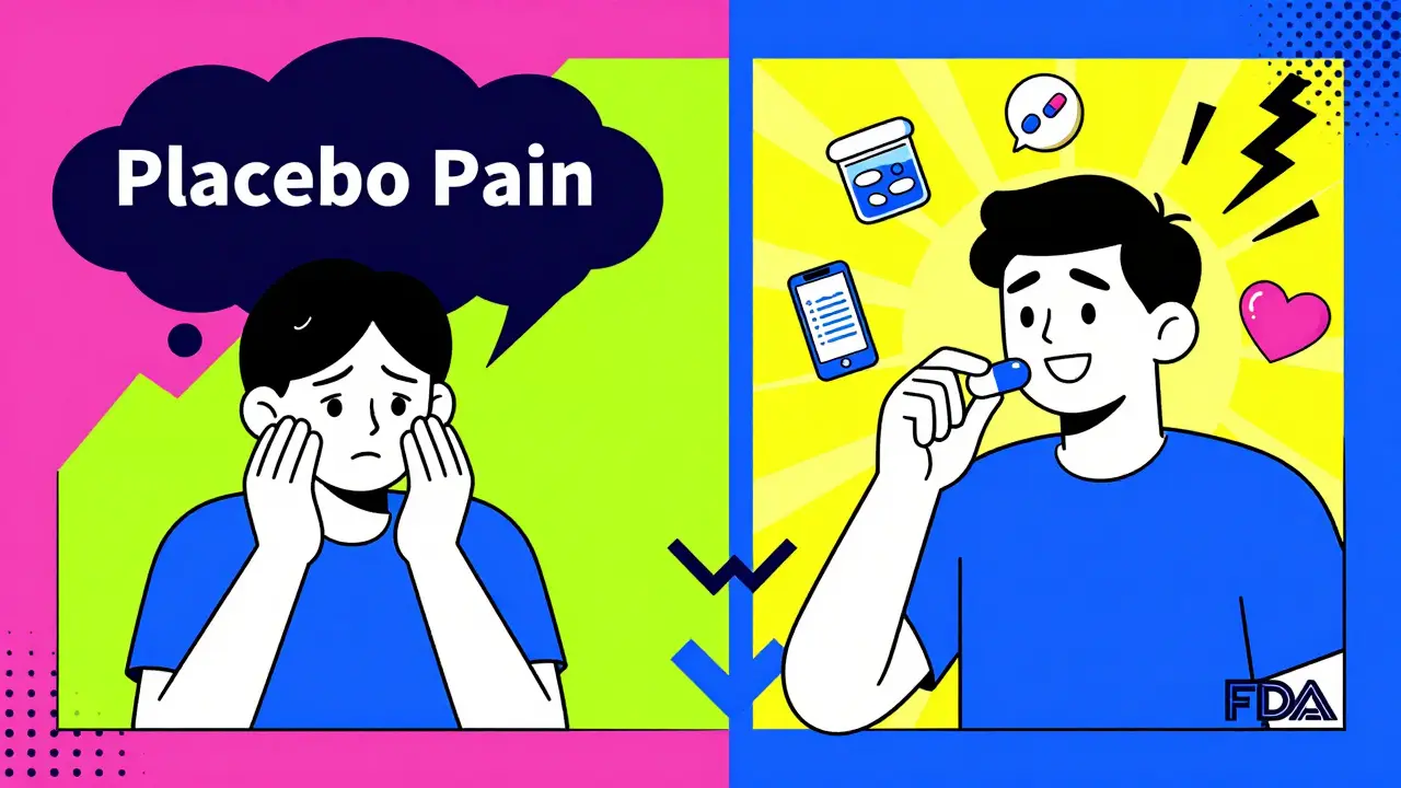 A person compares generic and brand pills in a split scene with emotional symbols in bold Memphis colors.