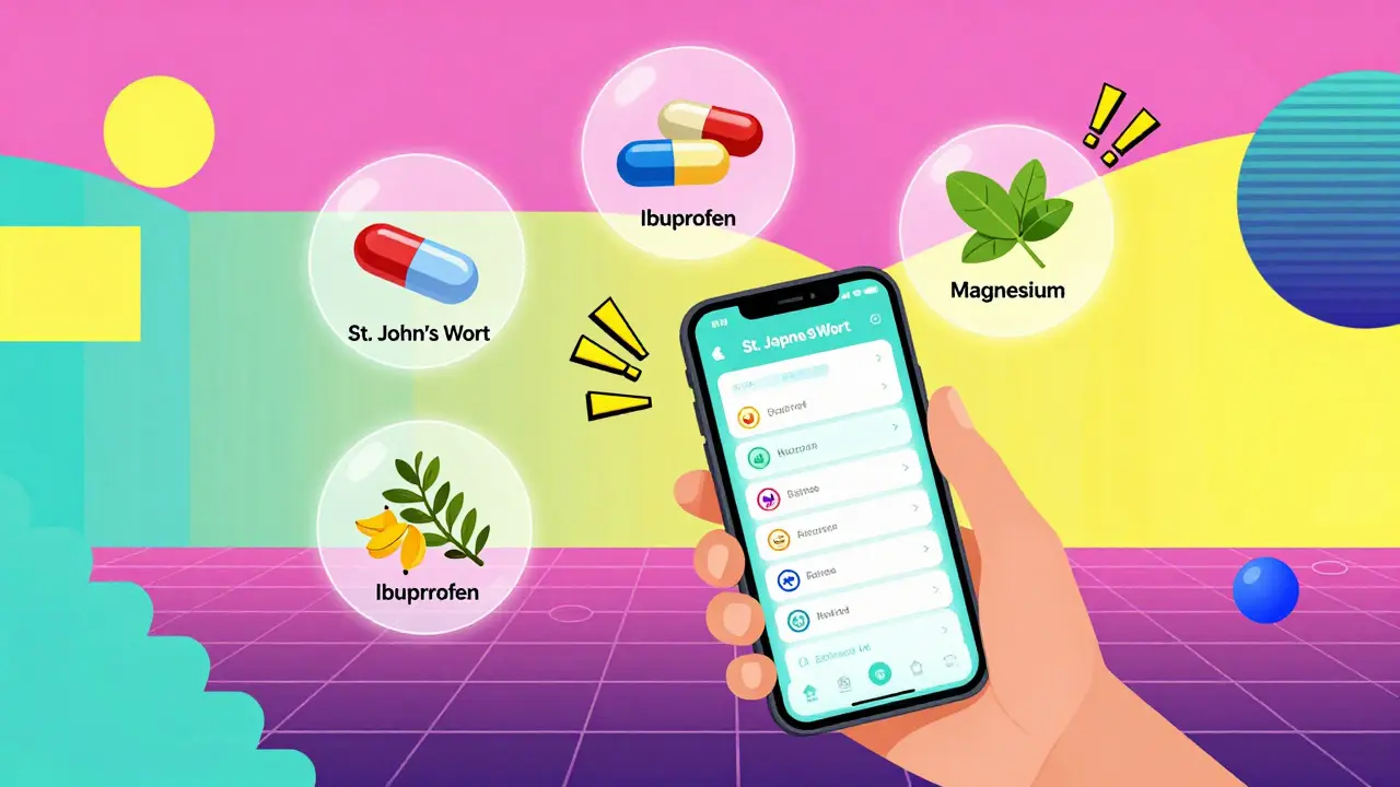 A person’s medication list glows with warning icons of supplements and drugs in vibrant Memphis design.