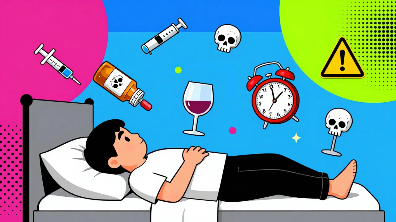 A person with hovering pill and wine glass as falling anvils, a countdown clock and medical icons in vibrant Memphis design.