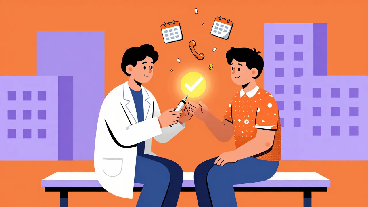 A pharmacist hands a long-acting injection to a patient, with dissolving cost and reminder icons around them.