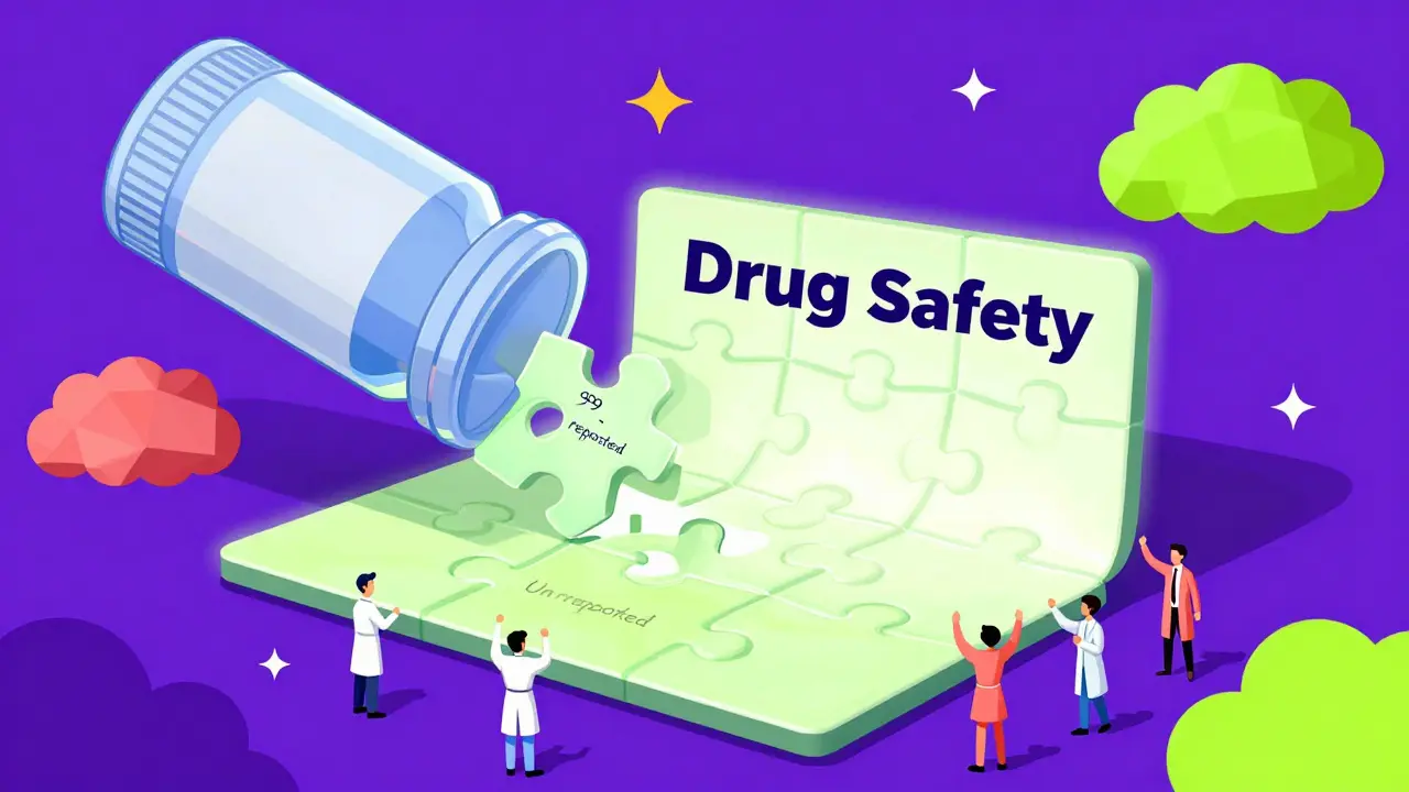 A pill-shaped puzzle piece being added to a giant safety puzzle, with many missing pieces labeled 'Unreported'.