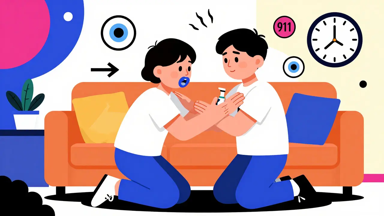 A teenager administering naloxone to an unresponsive parent with symbolic overdose signs floating around.