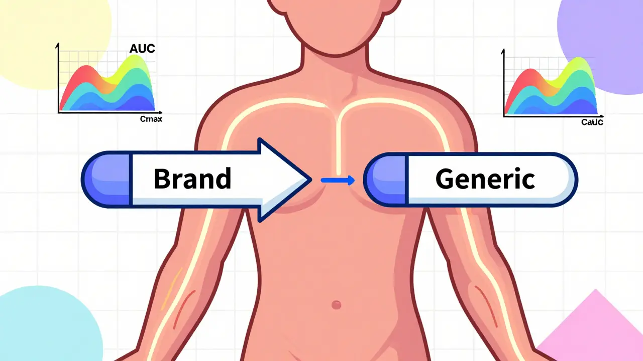 Abstract human body with identical drug particles traveling in sync through a glowing bloodstream, framed by rainbow AUC and Cmax waveforms.
