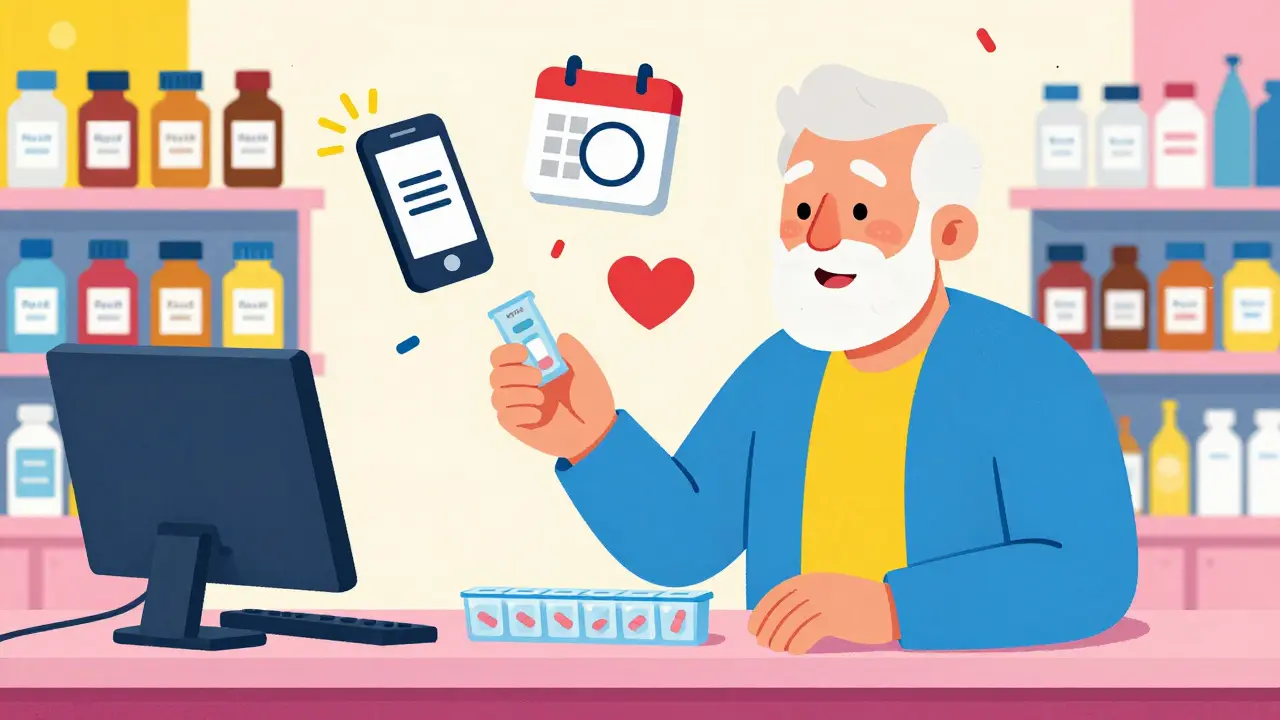 An elderly man picking up a monthly pill organizer at a vibrant, patterned pharmacy counter.