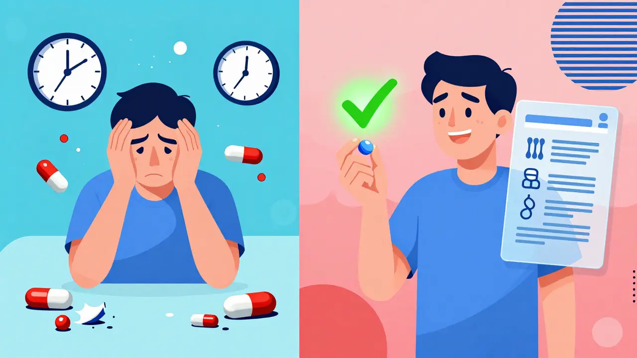Before-and-after scene: frustrated patient with broken pills vs. happy patient with glowing gene report