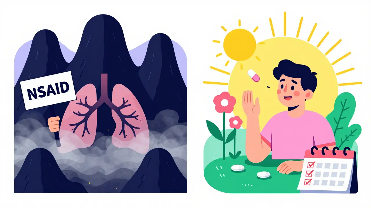 Before and after scene: person freed from polyps and congestion, with aspirin as sun rising over healthy sinuses and smell flowers in Memphis style.