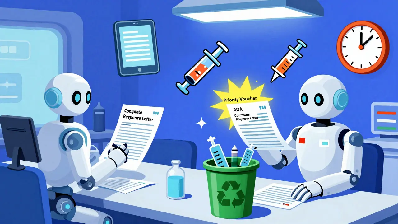 Cartoon AI robots in a lab scanning drug applications with glowing priority vouchers and bold geometric backgrounds.