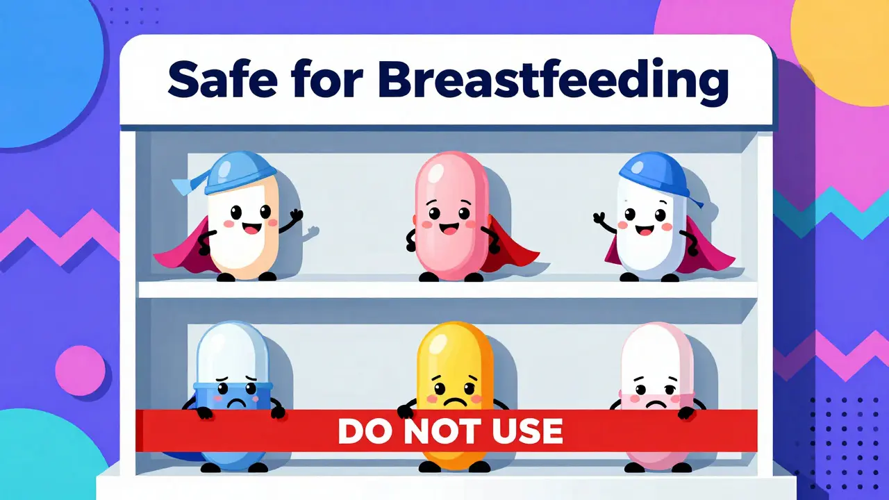 Cartoon antibiotics with capes on a shelf, safe ones smiling, unsafe ones blocked by red barrier