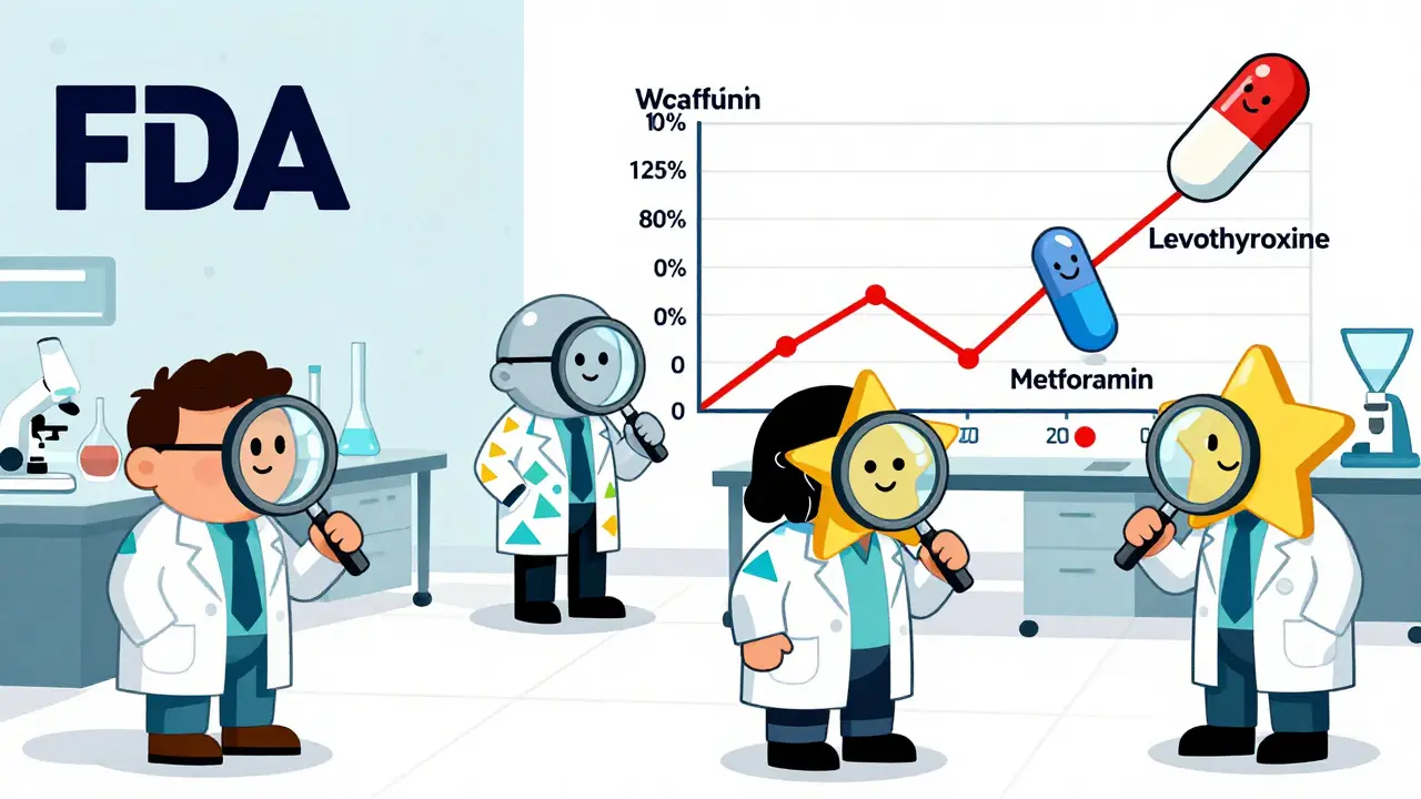 Cartoon FDA scientists examining giant pills under star-shaped magnifiers, with a confidence interval ladder and branded pills climbing it.