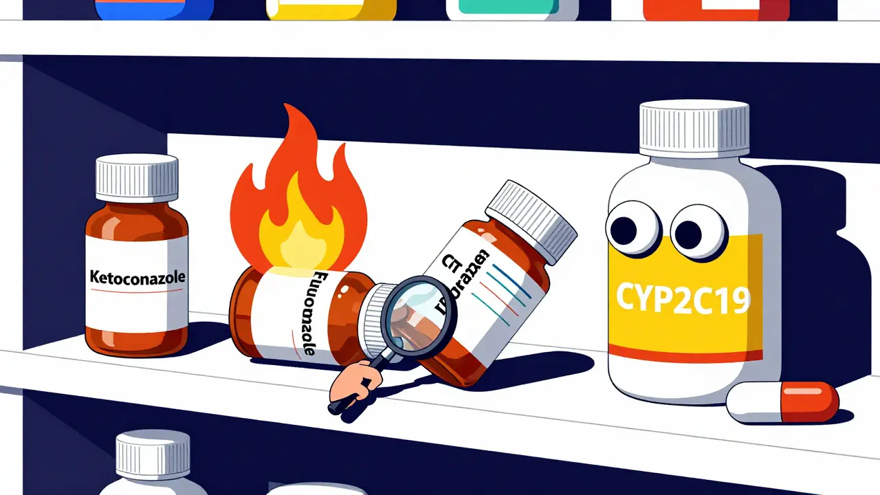 Chaotic pharmacy shelf with dangerous antifungals and enzyme icons