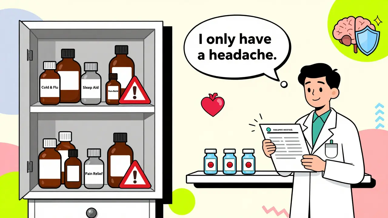 Cluttered medicine cabinet vs. clean single-ingredient pills with pharmacist holding list
