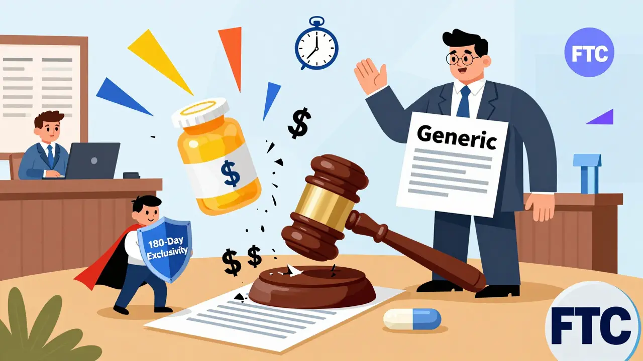 Courtroom with pill bottle gavel crushing a contract, generic superhero vs. corporate giant in patent suit.