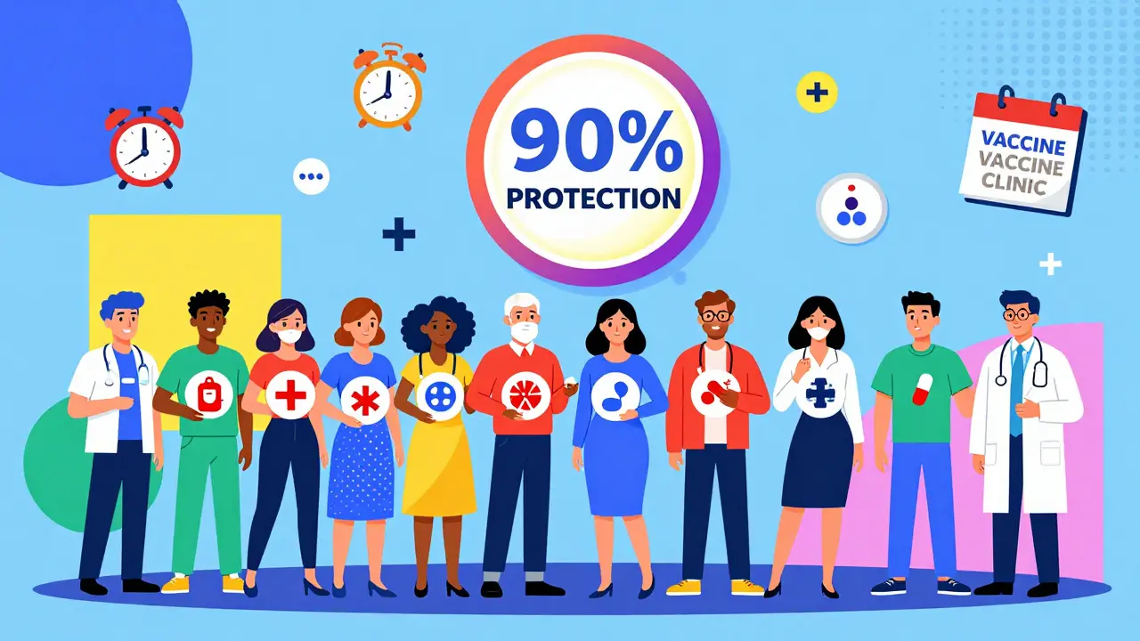 Diverse group receiving Shingrix vaccine with health condition icons and protection symbols.