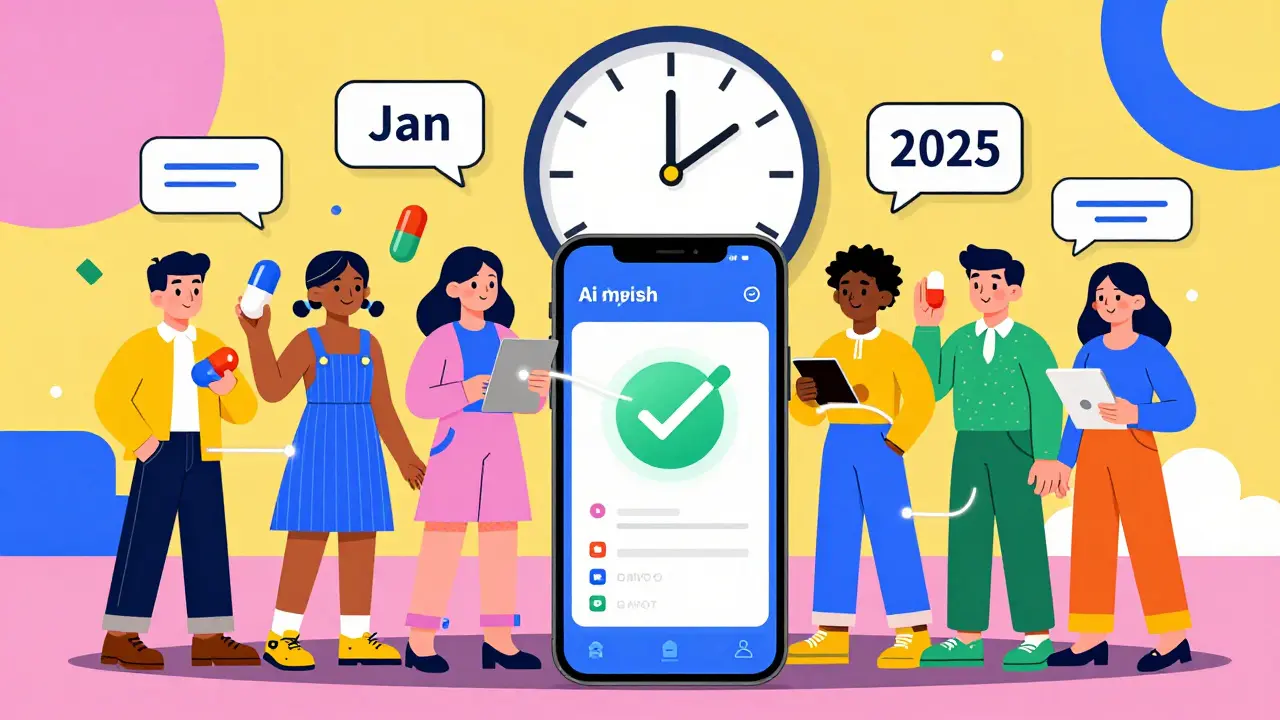 Diverse patients connected to an AI app via glowing lines, with a 2025 deadline and patient guides in Memphis design.