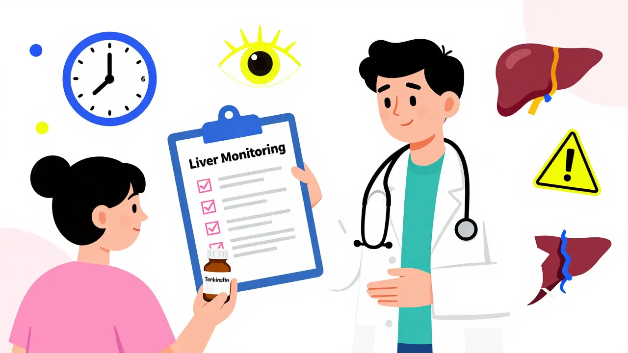 Doctor and patient with monitoring checklist and liver warning icons